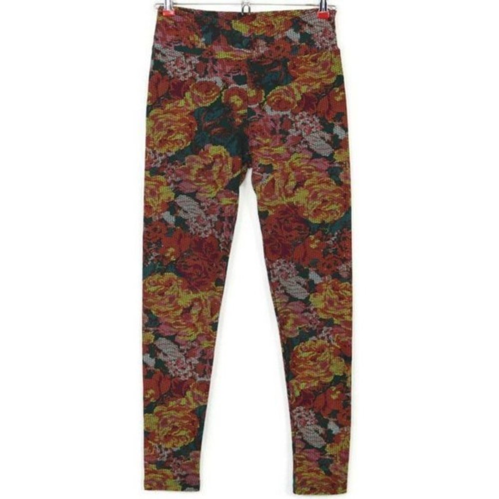 LuLaRoe Leggings Orange Green Yellow Pink Digital Roses Floral One Size OS‎
